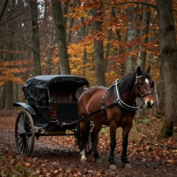 horse and buggy in a spooky autumn forest