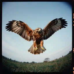 kodak portra 4 0 0, wetplate, 8 mm extreme fisheye, full view, from a distance, award - winning colour portrait by britt marling : a hawk spreading wings