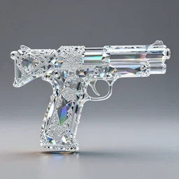 geometric mathematical transparent diamond gun shaped crystal sculpture with ornate crystal glass elements reflecting rainbows into iridescent patterns in the shape of a gun by jack storms, octane render, 4 k, intricate, detailed, 3 d