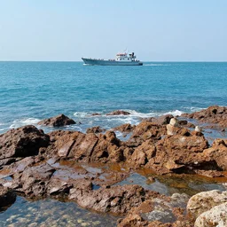 a boat on the seas, the sea is made of metal and rock but still works like water