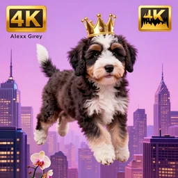 bernedoodle puppy with a gold crown by alex grey + orchids, flying above the city of gotham!!!!!!!!!!, confident, transcendent, vibrant color, ornamented, clean linework, finely detailed, 4 k, rule of thirds, trending on artstation, photorealistic, volumetric lighting, octane render