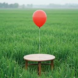 a red balloon hovering over a table in a lush greem field