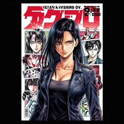 professionally drawn 9 0 s seinen seinen seinen mature cyberpunk horror action manga comic cover, full color, beautifully drawn coherent professional, drawn by ilya kuvshinov, ilya kuvshinov, and hiromu arakawa and tsutomu nihei. japanese script on the cover. stern woman in foreground. award - winning manga.