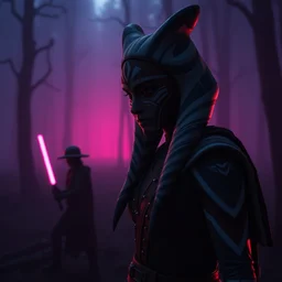cinematic still image screenshot portrai ahsoka tano is listening / mara jade stands by / dramatic scene from force awakens crisp 4 k imax, kodak film stock, moody iconic scene, directed by jj abrams, beautiful glowing backlit pink foggy forest octane