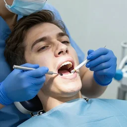 a real dentist drilling a tooth while smoking a cigarette held by his assistant