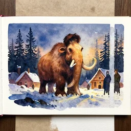 small centered on watercolor paper, paint brush strokes, abstract watercolor painting of mammuth in ragnarok at nightfall, winter village, pine trees, viking mythology, cinematic light, american romanticism by hans dahl, by jesper ejsing, by anders zorn, by greg rutkowski, by greg manchess, by tyler edlin