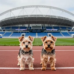 two small terrier dogs in front of wembley stadium, london, england