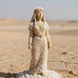 detailed sculpture covered in salt shaped like a 30 year old woman in ancient Canaanite clothing, desert drought background. 40mm lens, shallow depth of field, split lighting