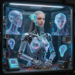 beauty woman in holograms, with robotic arms, of alien artifacts, Elysium style tech and mechanical parts, electrical case display, ultrarealistic, dramatic lighting, backlit, three point lighting, cables and wires, electrical details, high details, 4k, 8k, best, accurate, trending on artstation, artstation, photorealism, ultrarealistic, digital painting, style of Caravaggio, Boris Vallejo