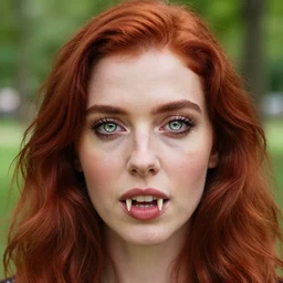 award winning 5 5 mm close up face portrait photo of an anesthetic and beautiful redhead woman who looks directly at the camera with blood - red wavy hair, intricate eyes that look like gems, and long fangs, in a park by luis royo. rule of thirds.