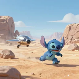 A rocky desert scene with a little blue alien boy being chased by a little chrome flying machine, 4K UHD, wallpaper, trending on artstation and behance and pixiv