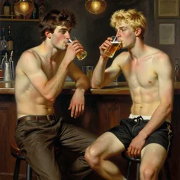 attractive maculine male with brunet hair and attractive masculine male with blond hair. pants and shorts, drinking their hearts out, in a pub. highly detailed and very defined painting by gaston bussiere, j. c. leyendecker, craig mullins 8 k