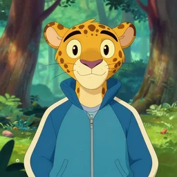 don bluth, loish, artgerm, joshua middleton, steampunk, clockpunk anthropomorphic cheetah, wearing a track suit, smiling, symmetrical eyes symmetrical face, colorful animation forest background