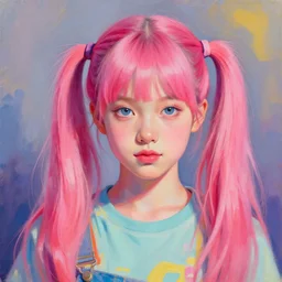 Breathtaking colorful John Berkey portrait of pink-haired girl with pigtails by Craig Mullins, front view