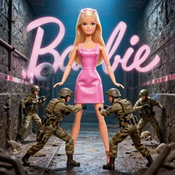 cctv footage of 6 ft tall barbie fighting american soldiers in the sewers in the style of movie poster