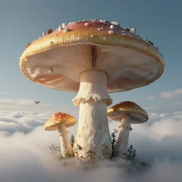 a giant mushroom that stretches above the clouds with buildings inside the cap. highly detailed 8 k. intricate. lifelike. soft light. nikon d 8 5 0. cinematic post - processing