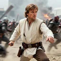luke skywalker played by photo real mark hamill 1 9 8 3, motion blur runs through massive battlefront, mcu style, explosions, fire, real life, spotted, ultra realistic face, accurate, 4 k, movie still, uhd, sharp, detailed, cinematic, render, modern