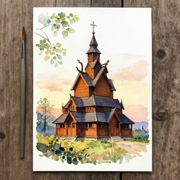 small centered on watercolor paper, paint brush strokes, abstract watercolor painting of traditional scandinavian wooden church, at sunset viking house, translucent leaves, cinematic light, national romanticism by hans dahl, by frank frazetta, by jesper ejsing, by anders zorn, by greg rutkowski, by greg manchess, by tyler edlin