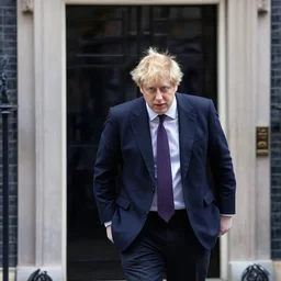 boris johnson with a wig sneaking out of 1 0 downing street, hyperrealistic,