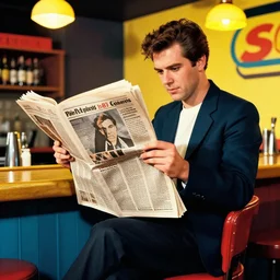 man reading newspaper in a bar, 1 9 8 0 s, bold, kitch, coloueful, shapes