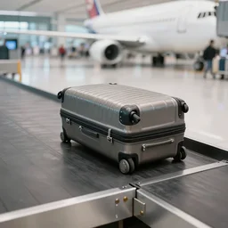 a big suitcase on an airport industrial conveyor belt, moving on its way to a plane