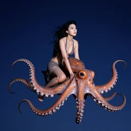 ektachrome, telephoto, highly detailed : incredibly realistic, asian woman riding on a flying octopus through the breathtaking night sky, exquisite features, feminine cut, photo, cass bird, butcher billy