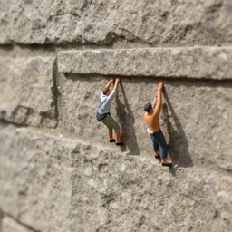 macro photo of tiny humans climbing a stone brick wall