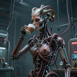 the upper torso of a terminator gorgon medusa with borg implants, human face and robotic snakes coming out of her head is hanging from cables and wires off the ceiling of a lab. Her bottom half is missing with cables hanging out. She is taking a sip from a cup of coffee. very detailed 8k. Horror cyberpunk style. Unreal engine 5 render with nanite, path tracing and cinematic post processing. Sharp.