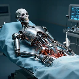 a robot with a creepy smile laying on a surgeon's table performing an operation on itself, metal, intricate, by h. r. giger