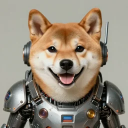 the doomslayer as anthropomorphic smiling shiba inu a realistic scifi cyberpunk power armor robot, closeup portrait art by donato giancola and greg rutkowski, vintage retro scifi, realistic face, digital art, trending on artstation, symmetry