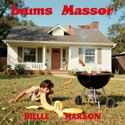 vintage home barbecue advertisement depicting charles manson slipping on a banana peel