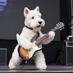 photo still of an anthropomorphic westie on stage at vans warped tour!!!!!!! shredding a guitar on stage, 8 k, 8 5 mm f 1. 8, studio lighting, rim light, right side key light