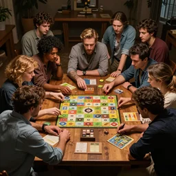 photo of a dozen people sitting around a wooden rectangular table playing a board game