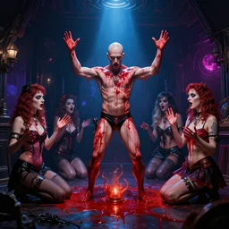 hyper realistic matte painting bald british man tweakers!! addicts!! groupies! performing ritual! blood!! magic! interior of goth club electric lighting greg rutkowski artstation hdr vaporwave ( ( ( ( ( alphonse mucha ) ) ) ) )