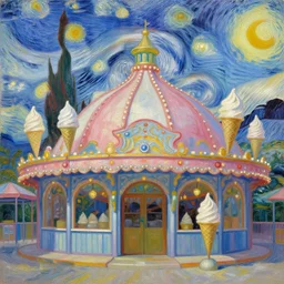 an amusement park with an ice cream themed decoration style. trending on pixiv and artstation. an absurdly detailed oil painting by vincent van gogh