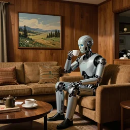 Transhuman, cyborg, drinking coffee in a wood paneled living room, 1970s living room, art by Norman Rockwell