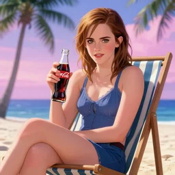 masterpiece portrait of a beautiful fashion anime emma watson hold coke sit on beach chair in mediterranean beach, palm tree, majoy dreamlike sky, cinematic lighting, highly detailed, anime key visual,, beautiful eyes, pretty face, symmetry, sharp focus, illustration, art by artgerm, greg rutkowski, magali villeneuve, wlop, ilya kuvshinov, cryengine,