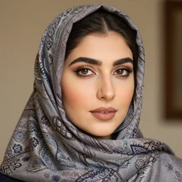 Beautiful young moroccan woman wearing a detailed islamic scarf, detailed realistic eyes