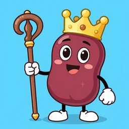 kidney bean holding a staff, wearing crown, cartoon character, digital art, fun,