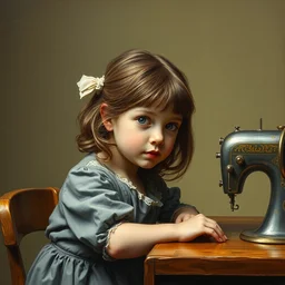 a little girl sitting at a sewing machine in jan vermeer style, fine art, oil paint, muted olive background, highly detailed, close up face