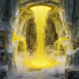 liquid nitrogen with yellow water-cooling coolant flowing through latent representations of yellow ice caverns by centrifugal forces, computer circuitry sticking out the walls!!!!, high detail, high contrast!, low-poly elements!!!, trending on artstation, octane render, subsurface scattering, ray-tracing, 4k