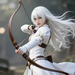renaissance art elf girl with white skin, longbow in hand, hair blowing the wind, trending artistic art, anime, dynamics, fate zero, realistic face, extremely high detailed, bokeh background, studio ghibly makoto shinkai yuji yamaguchi, wlop, genshin