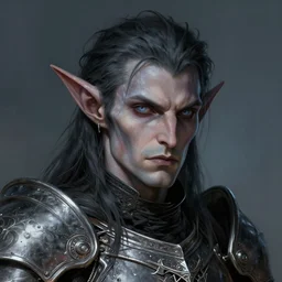 head and shoulders portrait of an eldrich knight, drow, dark elf, shadar kai, breastplate, magical, male, high fantasy, d & d, by donato giancola, face details, extremely detailed, digital illustration