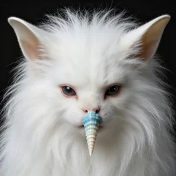 close up portrait of a mutant monster creature with white fluffy moth pouf, exotic lily ears, delicate blue sea shell conch corns, snout. by jan van eyck, walton ford