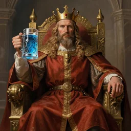 king on a throne with a water - filled tankard in his hand in the style of michael sowa, detailed, 4 k, beautifully lit, octane, peeble