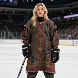 a realistic photo of a blonde woman in a hockey arena wearing medieval tapestry as clothing