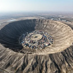 a town with a gigantic crater at the center