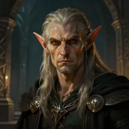 dungeons and dragons elder old elf character closeup portrait, dramatic light, dungeon background, 2 0 0 mm focal length, painted by stanley lau, painted by greg rutkowski, painted by stanley artgerm, brom, digital art, trending on artstation