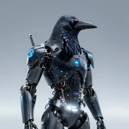 crow in cybernetic armour, leds, portrait, digital art, studio
