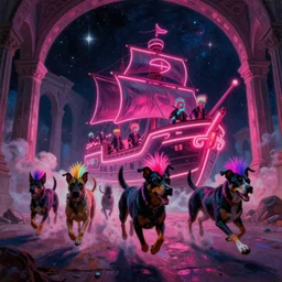 oil painting, the middle view, spase dogs and punks running with neon mohawks, space, dark, stars, pink, pirate neon ship with punks on board, neon, rich deep colors masterpiece, ultra detailed, contrast, lots of roman arches, clouds, sky, volumetric light, atmospheric lighting, dramatic, cinematic, moody, octane render 4 k, 8 k